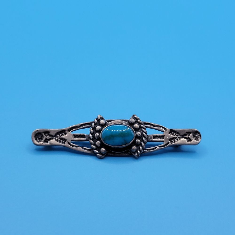 Vintage Sterling Silver 2055 Turquoise Medium Long Oval Brooch - Picture 3 of 12
